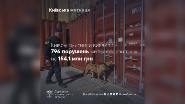 Київська митниця за пів року виявила 927 порушень на 241 млн грн Кінолог зі службовим собакою Київської митниці перевіряє вантажні контейнери на наявність заборонених товарів