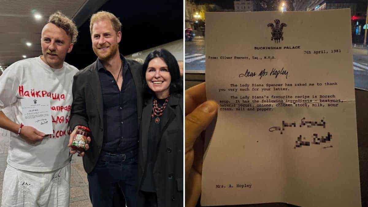 Кухар Євген Клопотенко пригостив принца Гаррі борщем і сирниками у Києві Принц Гаррі разом із Євгеном Клопотенком; поруч — лист із Букінгемського палацу