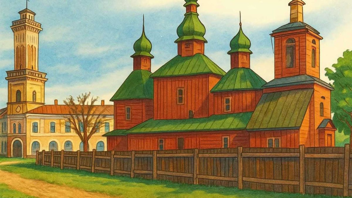 Конкурс на логотип «Втраченого Києва»: дедлайн завтра Малюнок дерев'яної церкви і кам'яної будівлі у вигляді ратуші з вежею