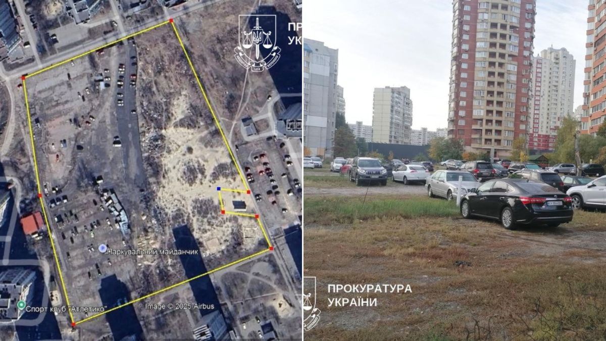 Позняки: прокуратура через суд повернула громаді землю на Урлівській, де хотіли звести ЖК Супутниковий план ділянки, поруч високі цегляні багатоповерхівки новобудов