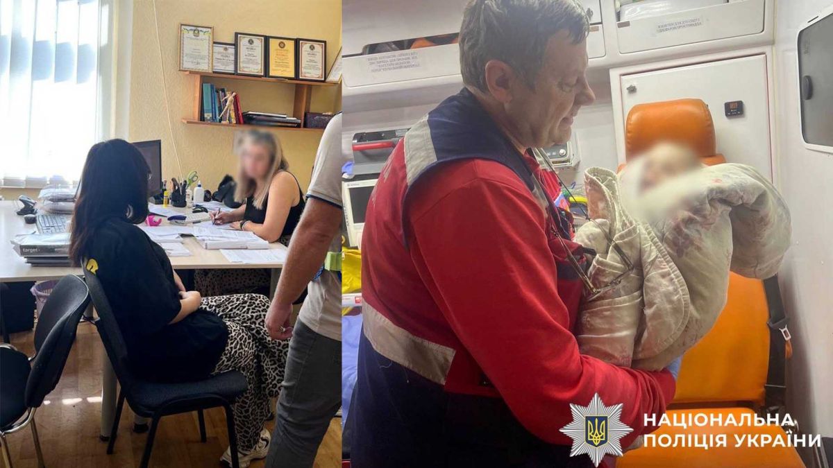 17-річна матір залишила немовля на 4 дні: дитина в комі колаж: справа врятована дитина на руках лікаря; підозрювана дає покази