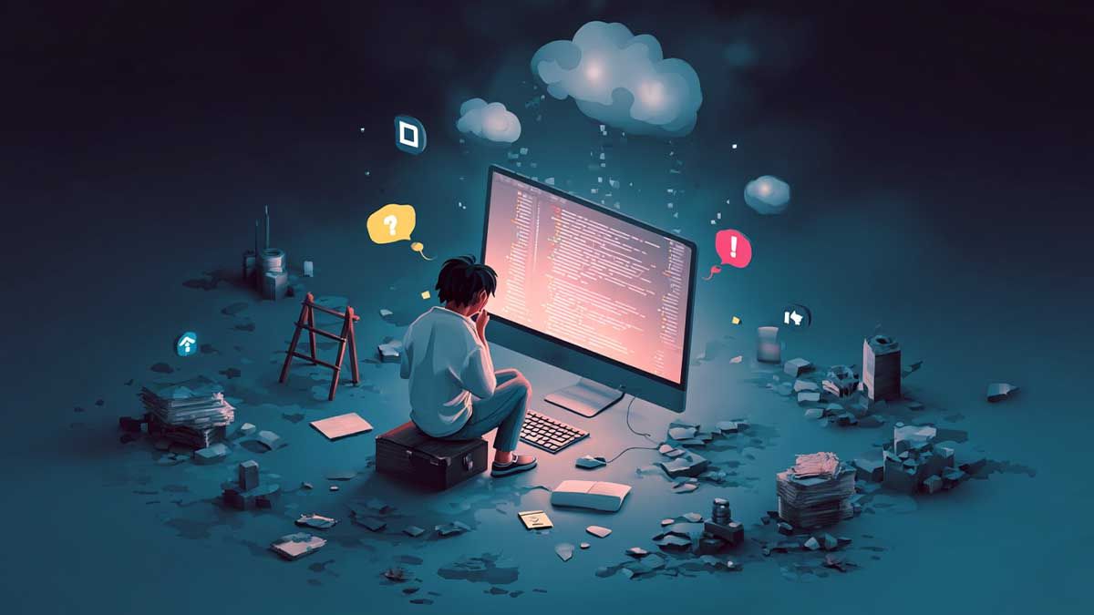 ШІ-бульбашка: що станеться, якщо вона лусне Розробка коду програміста біля комп’ютера з облаками даних і повідомленнями про помилки, символізуючи кібератаки або технічні збої.