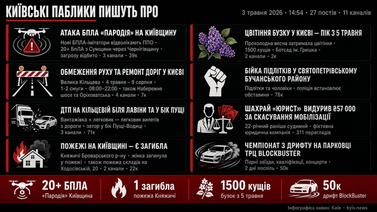 Київські паблики 3 травня — 14:54: БПЛА «Пародія» і ремонти доріг Інфографіка київських Telegram-каналів 3 травня 2026, 14:54: БПЛА Пародія, ДТП на Кільцевій, пожежа у Княжичах, цвітіння бузку з 5 травня