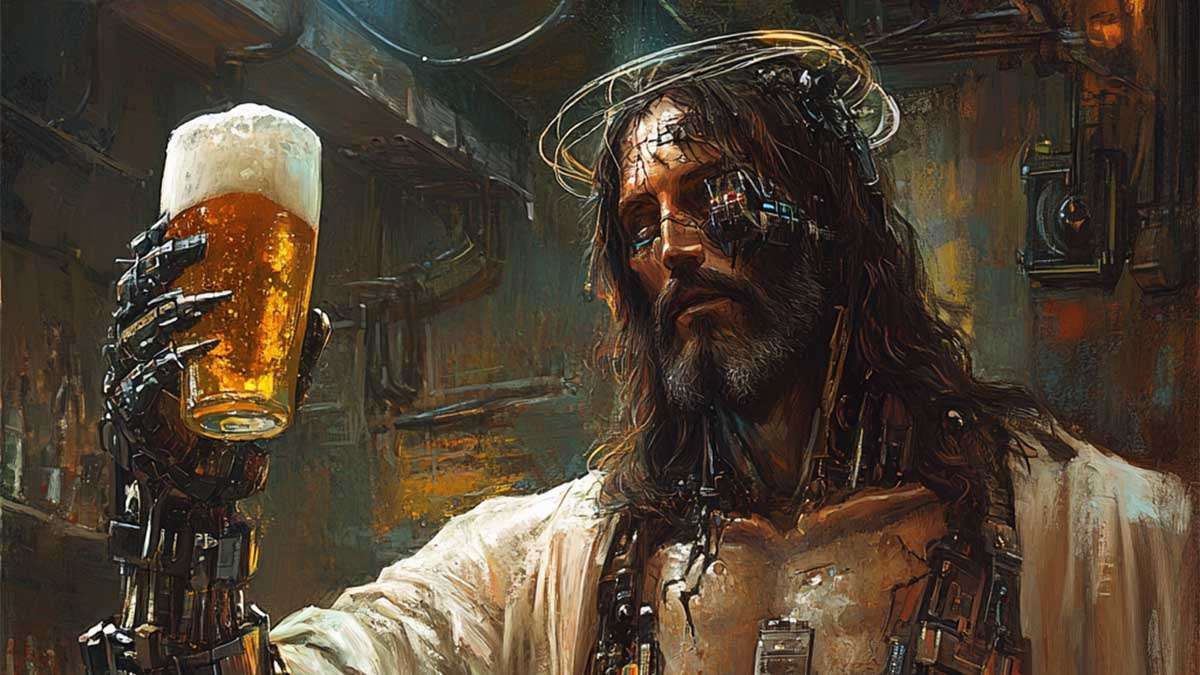 Небезпечні фантазії техноеліти — як віра в надінтелект керує майбутнім ШІ кіберІісус тримає роборукою склянку пива