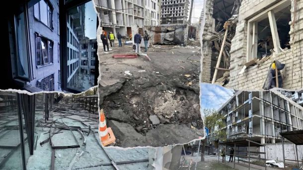 Від учорашньої нічної атаки на Київ постраждала Астрономічна обсерваторія НАН України Пошкоджені будівлі та вирва від вибуху в Києві після атаки російських безпілотників 16 квітня 2026 року