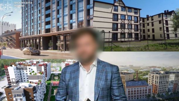 Київ: затримали грабіжника-рецидивіста за напад у магазині Колаж Прокуратури із зображенням підозрюваного директора забудовника на тлі житлових комплексів у Києві та області