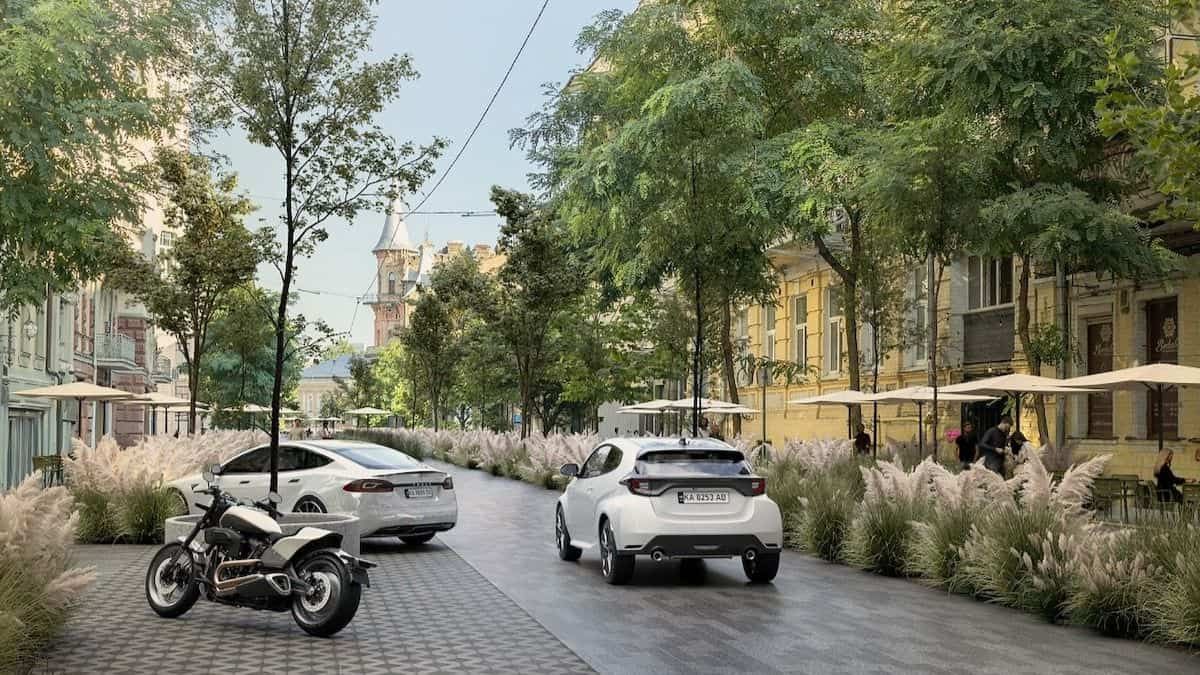 Архітектори показали концепт Ярославового Валу без світлофорів і бар’єрів Візуалізація зеленої міської вулиці з деревами, декоративними травами та літніми терасами кафе