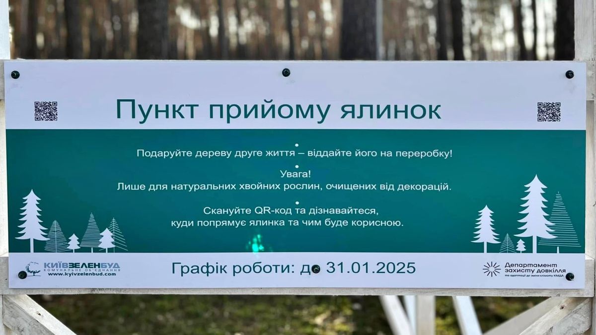 78 пунктів прийому ялинок у Києві працюватимуть до 31 січня Вивіска на пункті прийому живих новорічних дерев