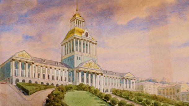Скульптури Ернеста Коткова на Троєщині: КНМЦ готує облікові документи Акварельна панорама проєкту забудови Хрещатика архітектора Івана Соболєва, 1944 рік, нереалізований конкурсний проєкт