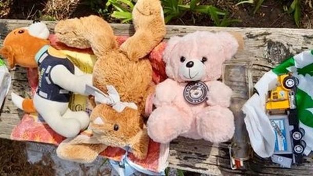 На Київщині судитимуть чиновницю управління освіти за зловживання під час будівництва укриття М’які іграшки ведмедиків та лежак, фотографія на дерев'яній лавці на природі.