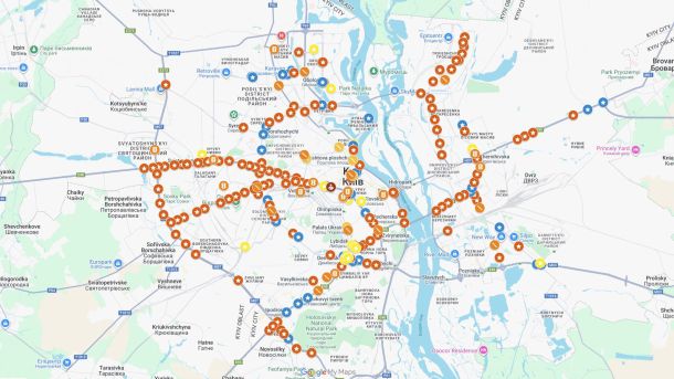У Києві БЕБ виявило порушення на понад 170 млн грн у тендерах на ремонт коледжу Карта Києва та околиць з численними помаранчевими та жовтими маркерами