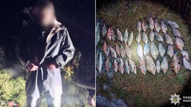 На Київщині депутата-землевпорядника підозрюють у незаконному збагаченні на 30 млн грн ліворуч чоловік у водонепроникному костюмі вночі, праворуч на землі розкладено десятки виловлених риб