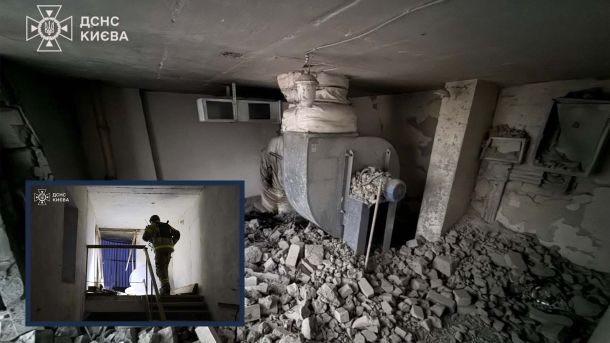 БпЛА влучив у дах багатоповерхівки на Солом'янці (оновлено) Пошкодження у багатоповерхівці від удару дрона