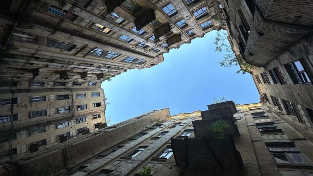Лебеді-шипуни повертаються на зимівлю до парку «Наталка» на Оболоні: орнітолог пояснює їхню поведінку Вигляд на небо із двору будинку-колодязя