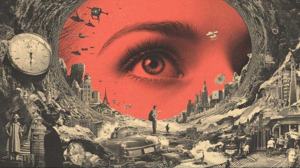 Пам'ять як машина часу: підліток із феноменальною здатністю «подорожувати в часі» Міське пейзаж з улюбленим оком, фантастичні міські та природні елементи у стилі колажу, з годинником і літаками на червоному небі у Києві.