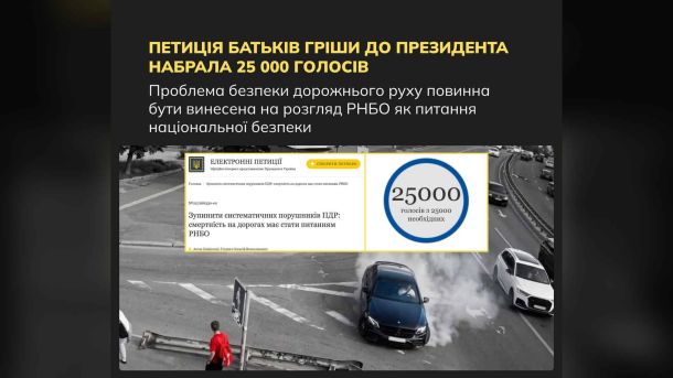 Бахматов оголосив загальноміське опитування для мапи проблем Києва: мешканців просять долучитись Скріншот електронної петиції до президента України про безпеку дорожнього руху, яка набрала 25000 голосів з необхідних 25000