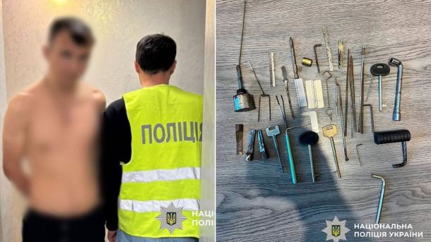 Біла Церква: поліція встановила чоловіка, який пошкодив іменні прапорці загиблих воїнів Зліва: поліцейський стоїть поруч із затриманим чоловіком без сорочки; Справа: набір інструментів для злому, розкладений на столі