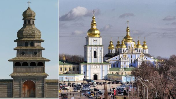 У Києві науковці відтворили першу дзвіницю Михайлівського монастиря (фото) Порівняння дерев’яної дзвіниці Михайлівського монастиря та сучасного вигляду