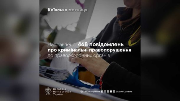 Вантажівки понад 24 т обмежені в русі по Києву через спеку Інфографіка Державної митної служби: працівниця митниці переглядає документи, напис про 468 направлених повідомлень про кримінальні правопорушення