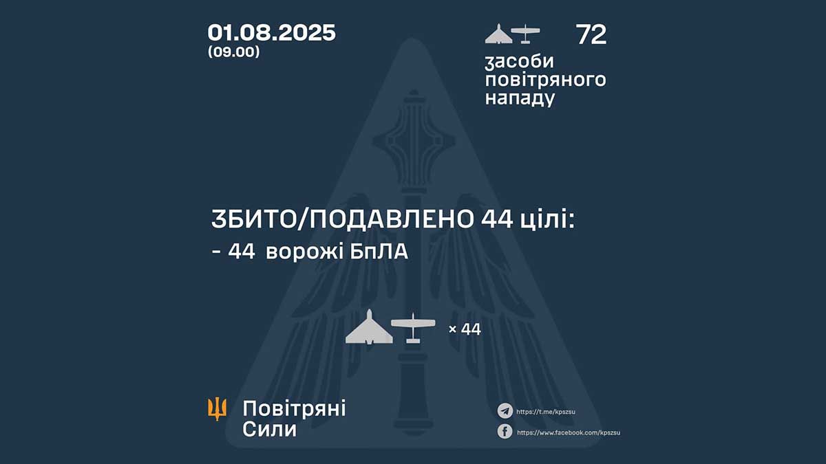 Сили ППО України збили або подавили 45 із 53 ворожих БпЛА в ніч на 2 серпня Сили ППО України збили або подавили 45 із 53 ворожих БпЛА в ніч на 2 серпня