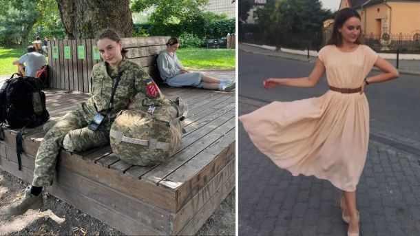 Київський фунікулер знову зупинився через відключення світла Фотоколаж: Ярина Квасній у військовій формі, а поряд вона ж у рожевій сукні