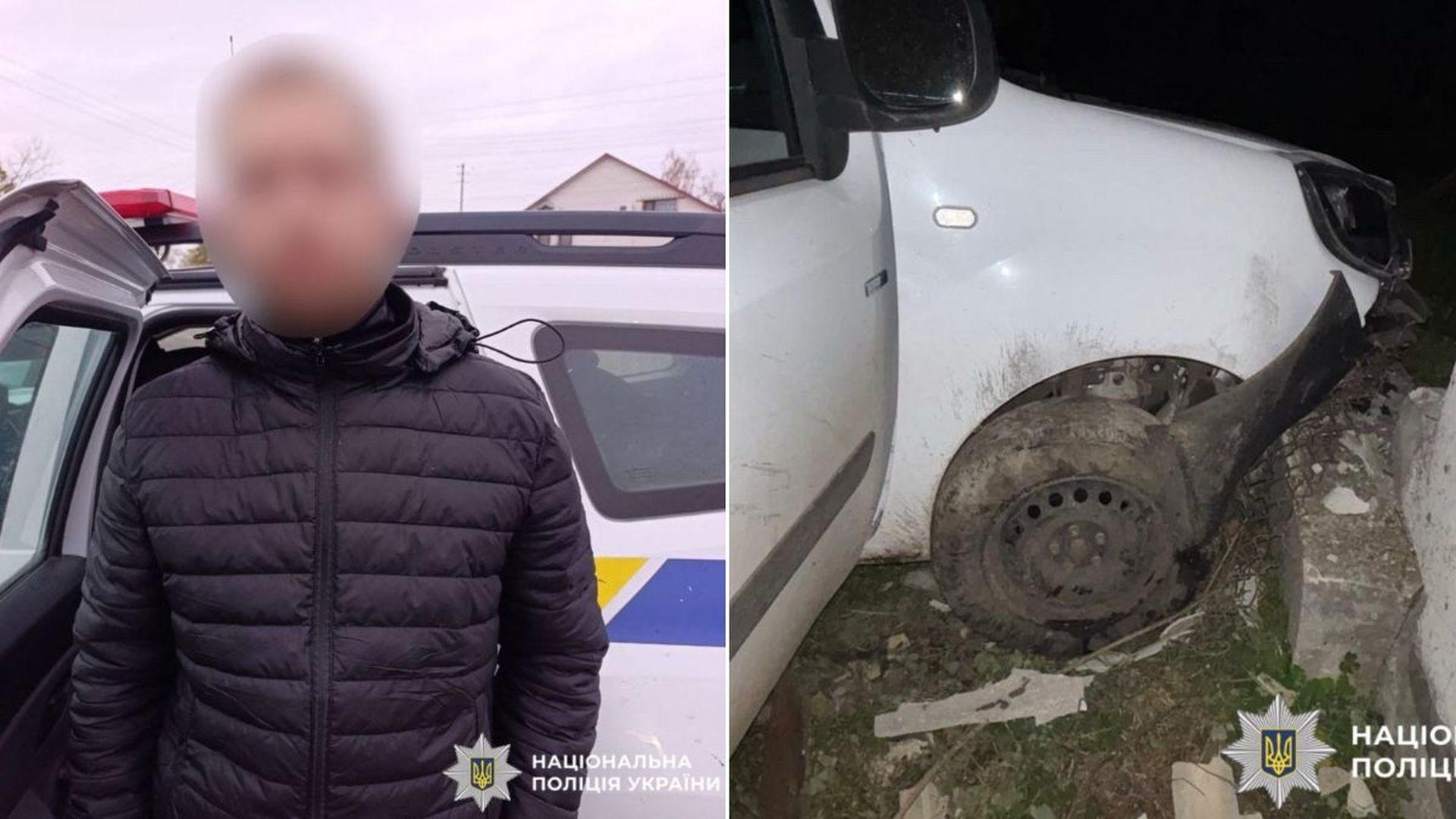 Зліва: чоловік у чорній куртці з розмитим обличчям біля поліцейської машини; Справа: пошкоджене переднє колесо та бампер білого авто.