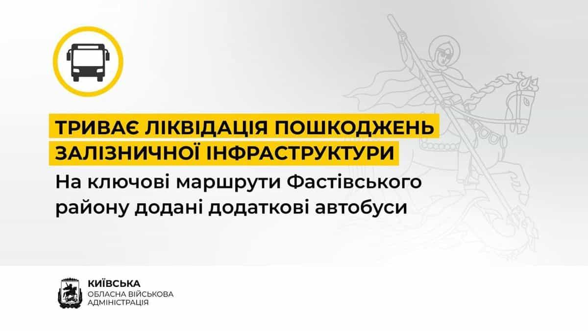 Київщина: через вибухи боєприпасів запустили додаткові автобуси до столиці — дивитись розклад На білому тлі розміщено текст: «Триває ліквідація пошкоджень залізничної інфраструктури»