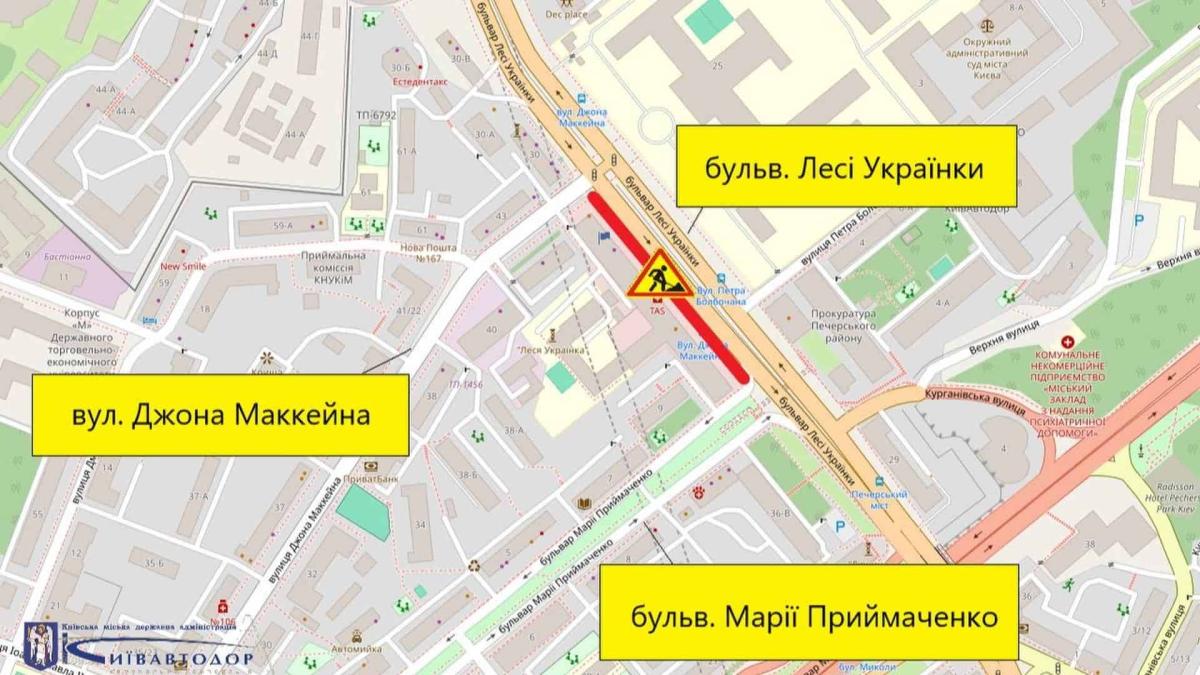 Увага водіям: у Києві в жовтні частково обмежать рух на бульварі Лесі Українки (схема) Скриншот карти, на якому показано де саме буде перекритий рух в Києві у Печерському районі