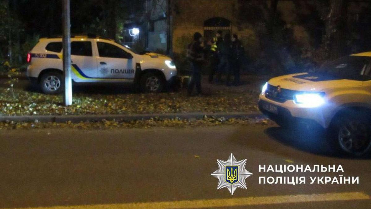 Дві патрульні машини стоять в темному Києві на одній з вулиць в спальному районі