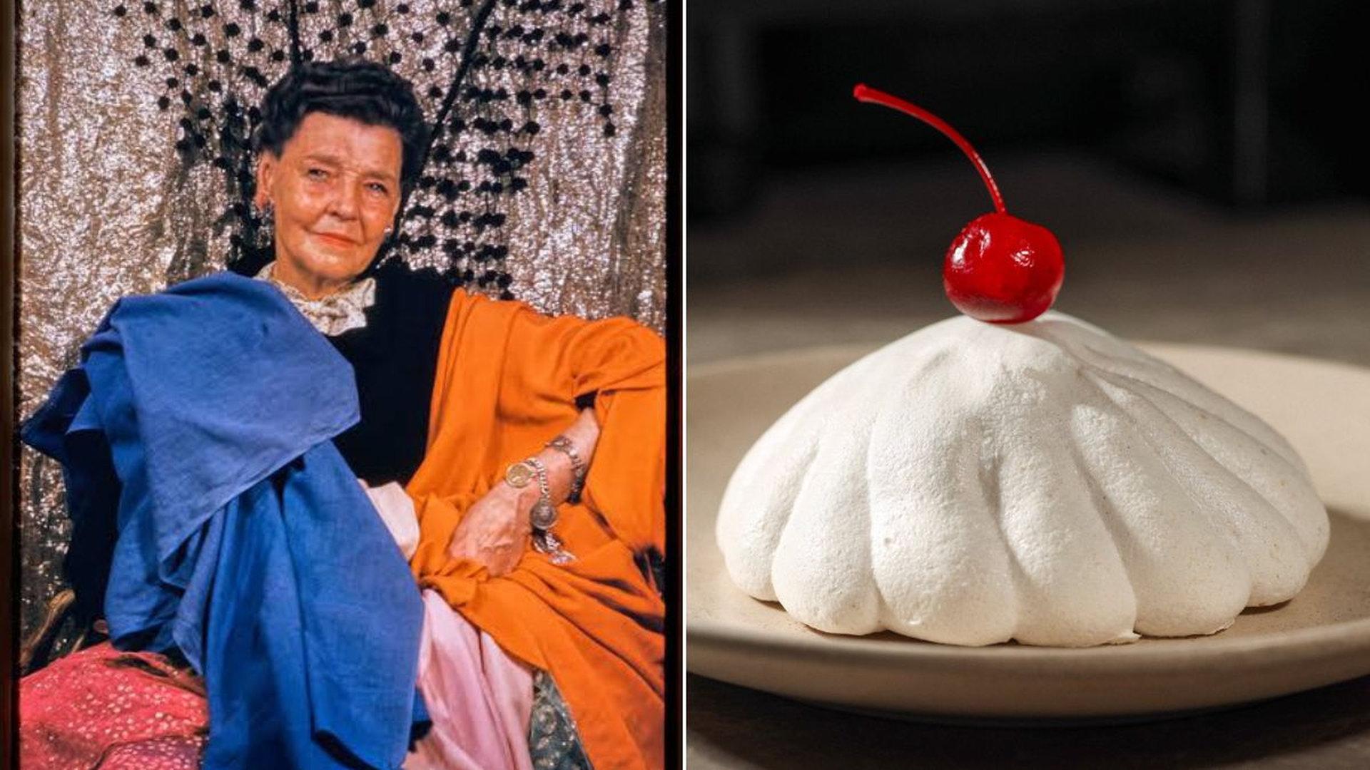 Зліва: історичне фото жінки в яскравому одязі; Справа: десерт у формі білої повітряної півсфери з червоною вишнею