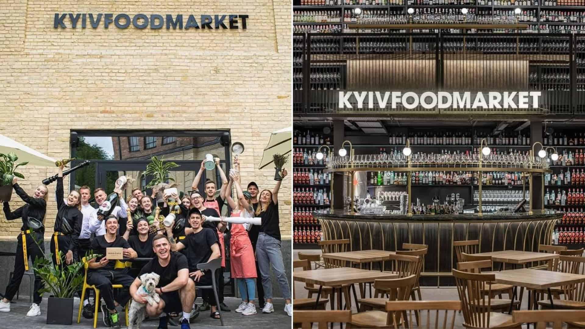 Команда працівників Kyiv Food Market та інтер'єр закладу з баром