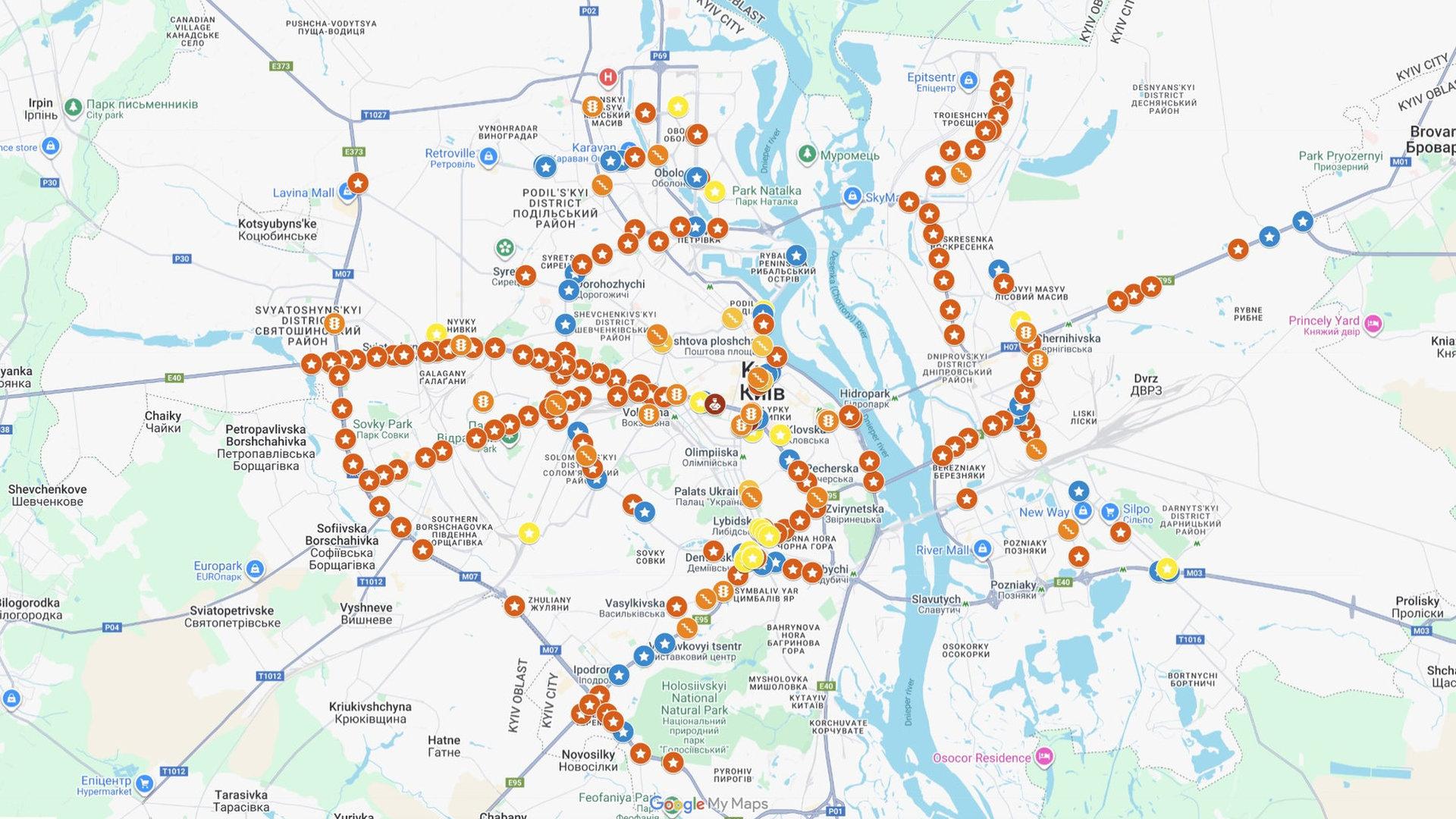 Карта Києва та околиць з численними помаранчевими та жовтими маркерами