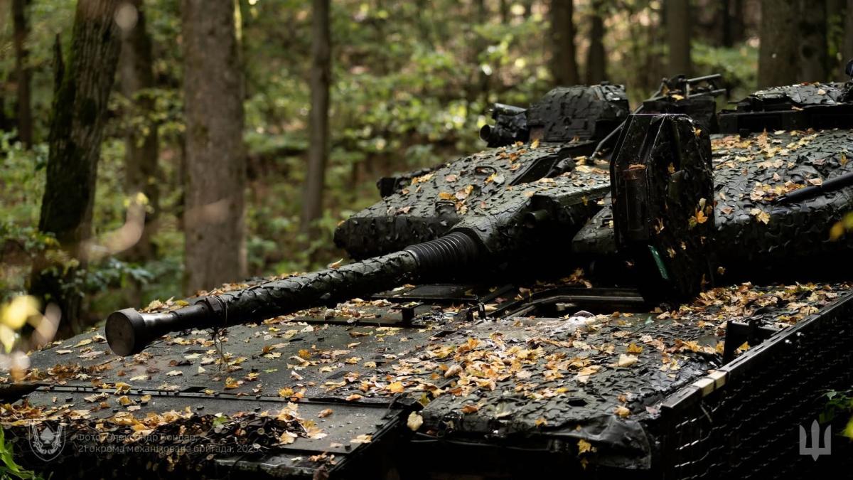 Танк ЗСУ стоїть в осінній лісосмузі весь обліплений осіннім листям