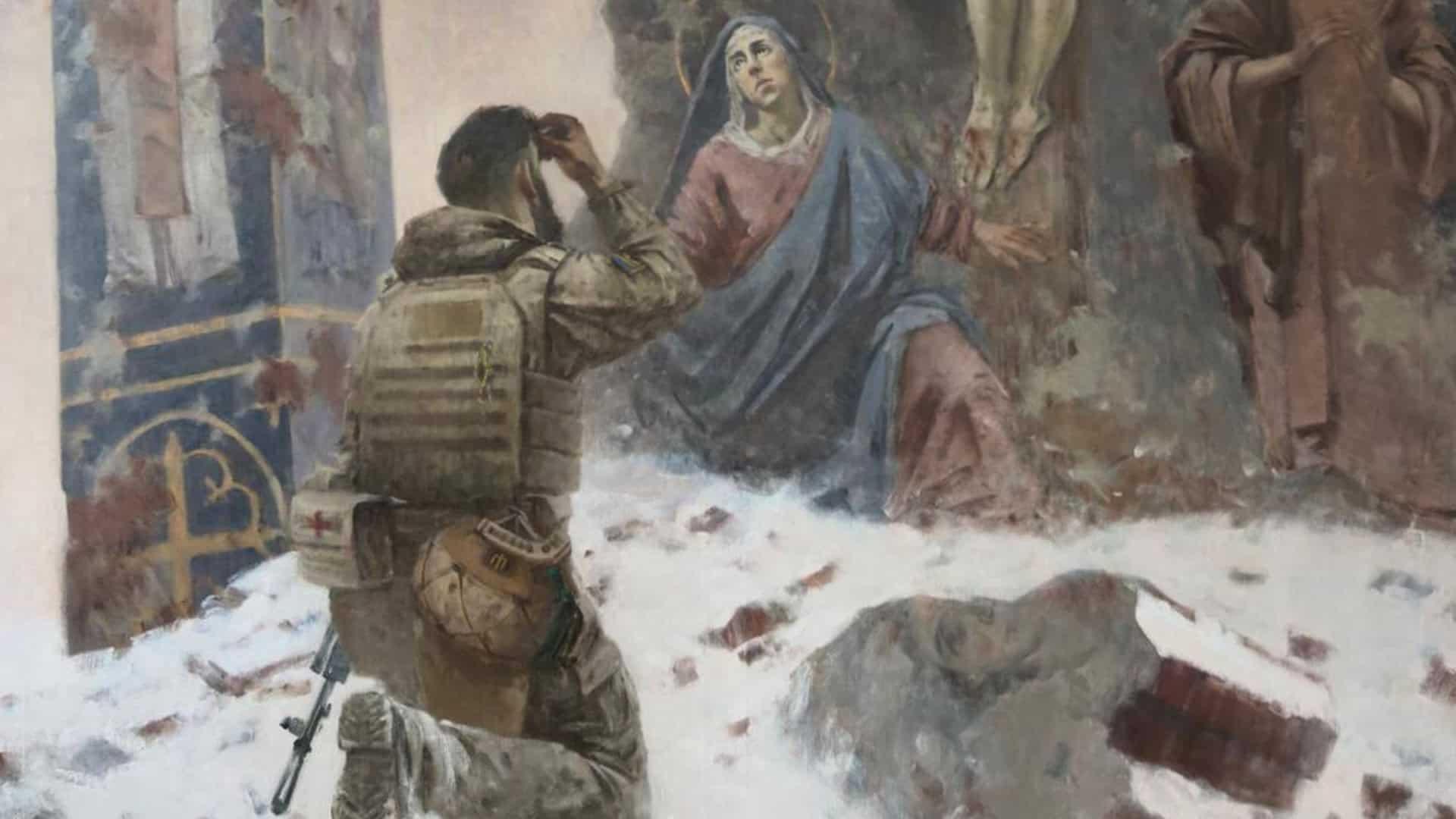 Воїн стоїть навколішки перед образами святих і хреститься