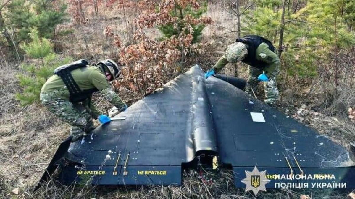 Bild: Путінські безпілотники прибули незадовго до опівночі — атака на Підгороднє під Дніпром Збитий російський БПЛА «Shahed». Фото: Національна поліція України