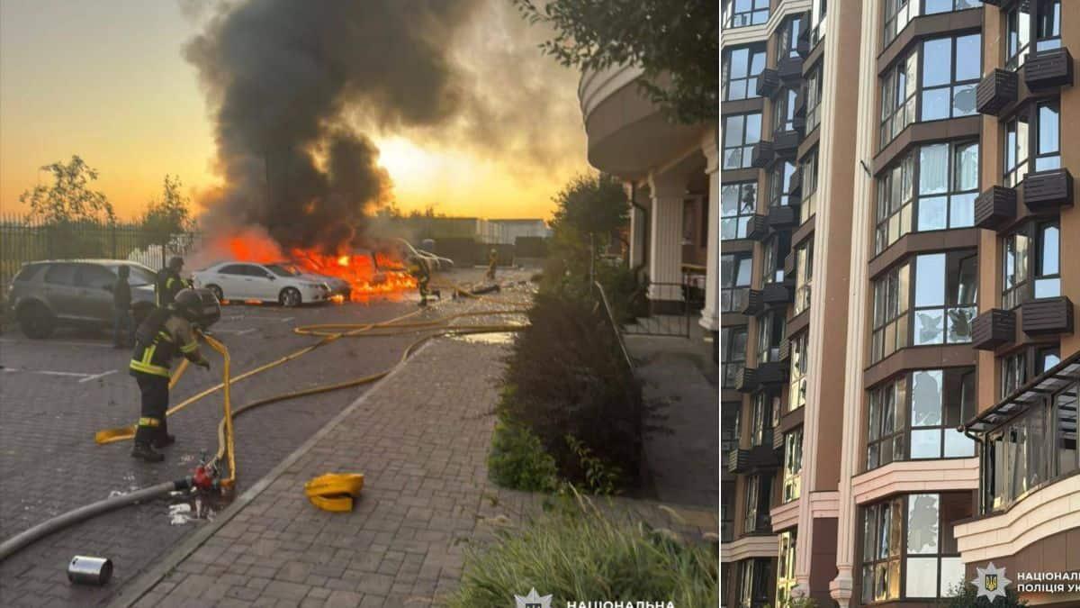 На Київщині після нічної атаки пошкоджено багатоповерхівку, гаражі та приватні будинки (фото) Вогонь охопив кілька автомобілів на парковці, густий чорний дим піднімається в небо; пожежники гасять полум’я