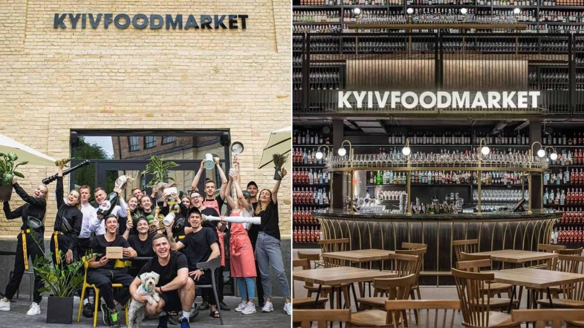 Команда працівників Kyiv Food Market та інтер'єр закладу з баром