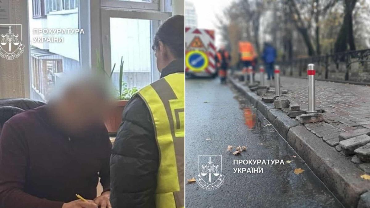 У Подільському районі Києва купили неякісні антипаркувальні стовпчики на 1,5 млн грн Чоловік підписує документи, поруч дорожні роботи зі встановлення стовпчиків