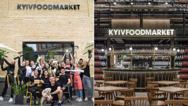 Команда працівників Kyiv Food Market та інтер'єр закладу з баром