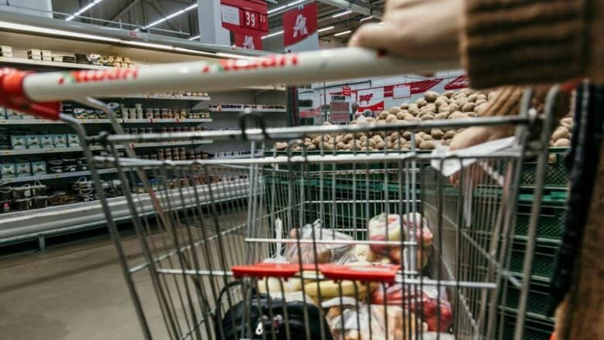 Ціни на продукти в Україні зросли на 21% — найбільше подорожчали яйця, яблука та м’ясо Візок для покупок у супермаркеті з товарами всередині