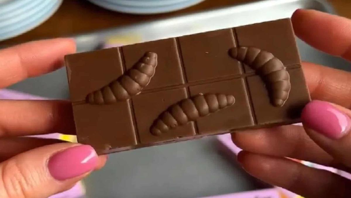 Людина тримає плитку шоколаду, на якій вилиті об’ємні фігурки личинок