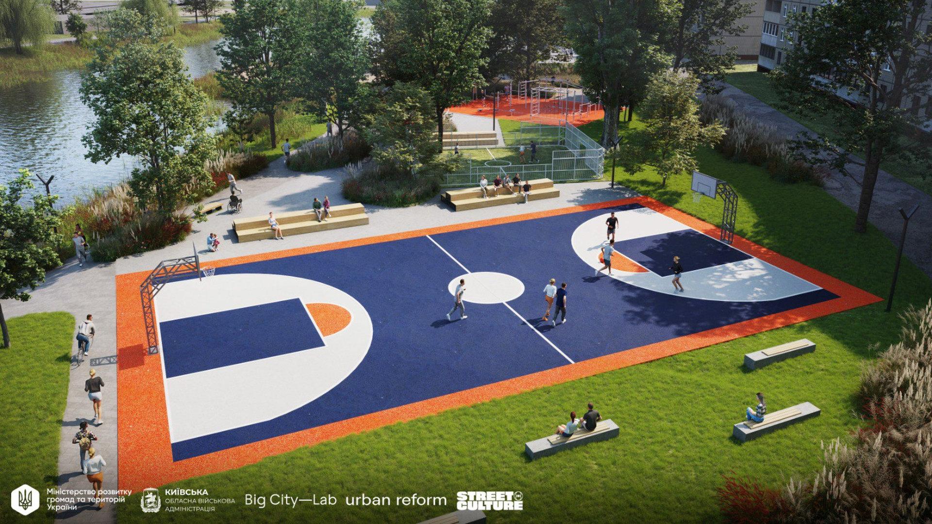 Новий баскетбольний майданчик в парку біля озера, там грають близько 10 людей