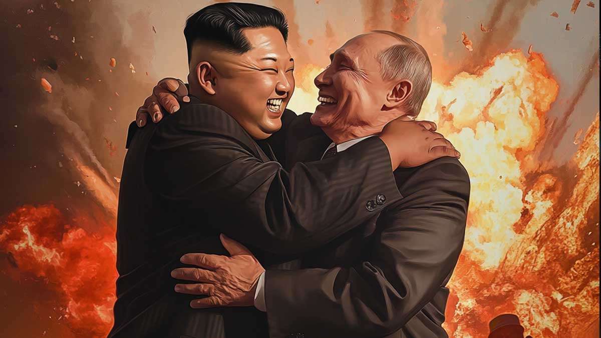 Путін обіймає Кім Чен Ин на фоні вибуху