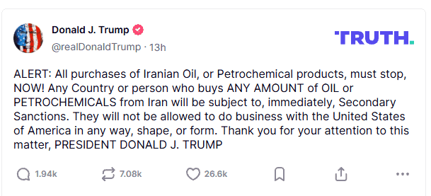 Трамп погрожує санкціями всім покупцям іранської нафти @realDonaldTrump