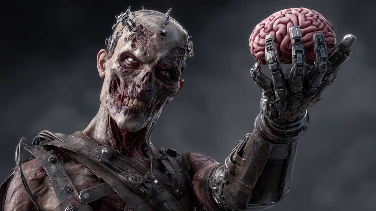 Чи здатні демократії приборкати темний бік штучного інтелекту? A zombie holding up a brain