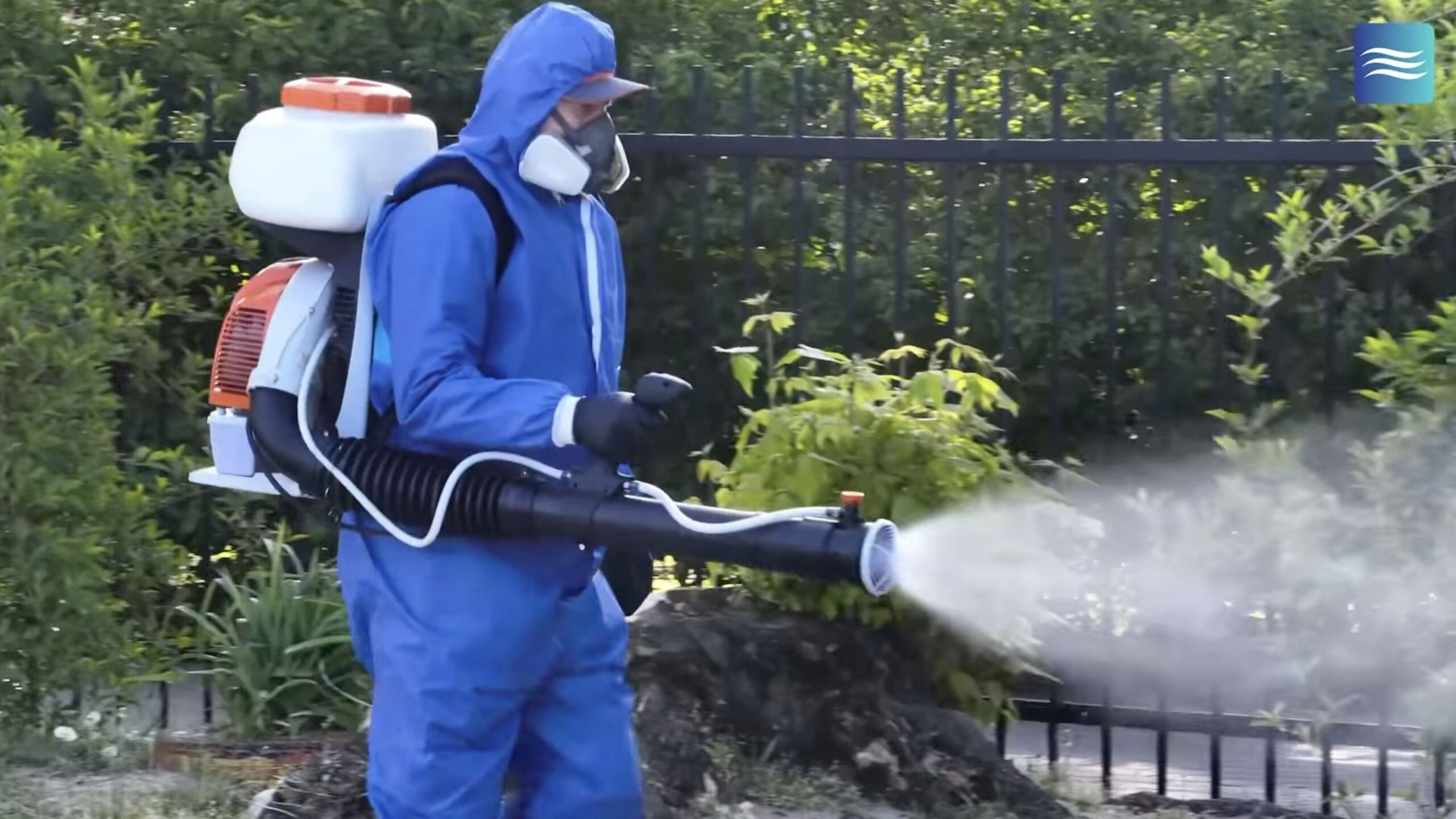 Працівник у захисному костюмі проводить дезінсекцію парку