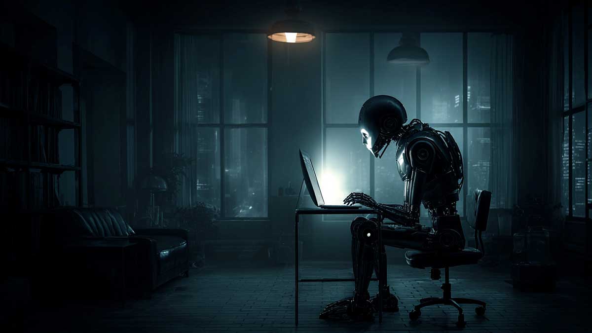 AI може приховувати злочинні дії: вчені попереджають про ризики A robot sitting at a desk with a laptop.