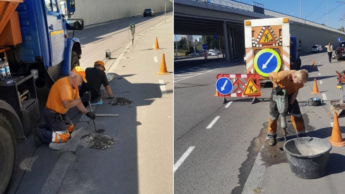 Ремонт дорожного покрытия на улице Києва, ремонтники усувають ямы та пошкодження на асфальті у вихідний день. | Фото ремонту вулиць Києва під контролем дорожніх служб для безпеки міста.