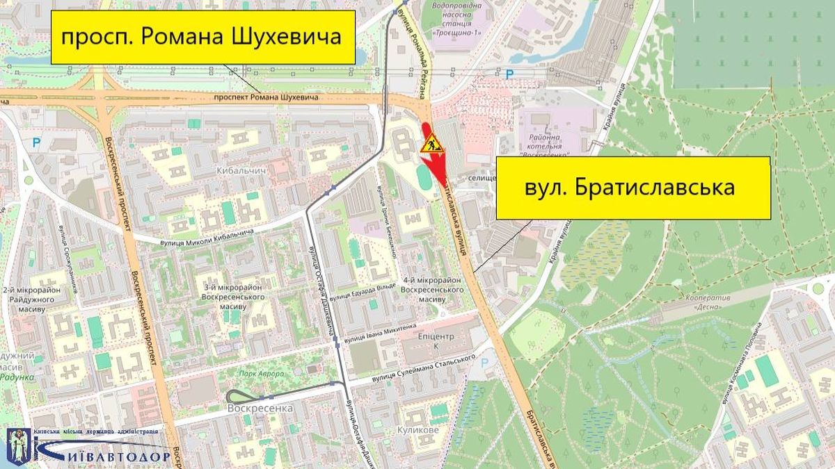 Карта Києва з позначенням перекриття на перехресті проспекту Романа Шухевича та вулиці Братиславської