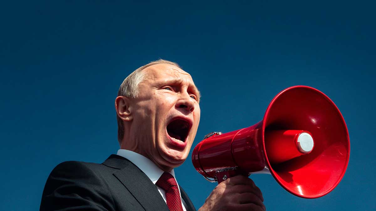 Як Путін використовує пісенний конкурс «Інтербачення» для впливу на Глобальний Південь: хто виступить у Москві 20 вересня? Графічне зображення Володимира Путіна з мегафоном